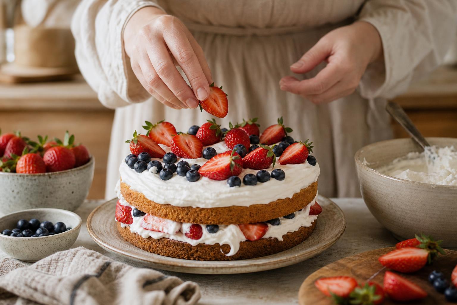 Mãos a decorar um bolo caseiro com fruta fresca
