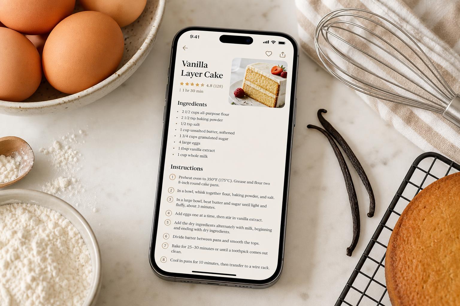 Telemóvel a mostrar uma receita de bolo junto a ingredientes na bancada da cozinha